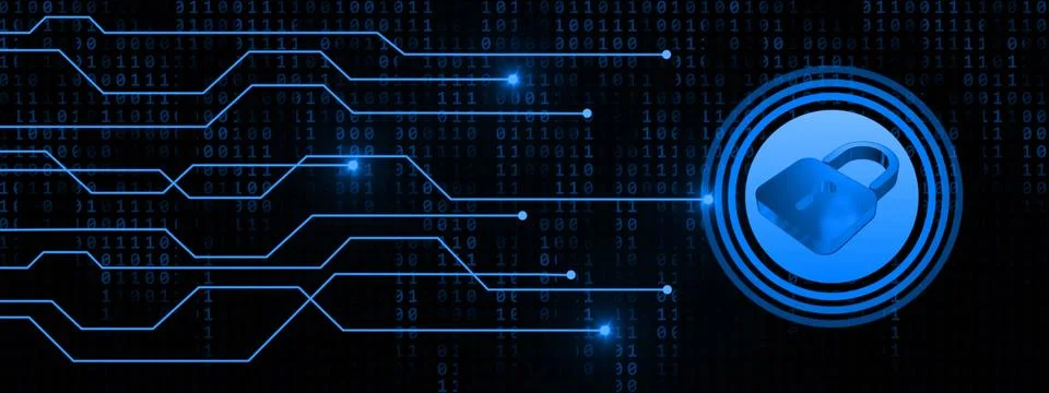 Cyber security concept - closed padlock with information connecting lines 库存插图