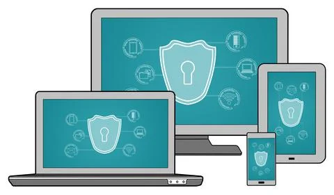 Cyber security concept on different devices Stock Illustration