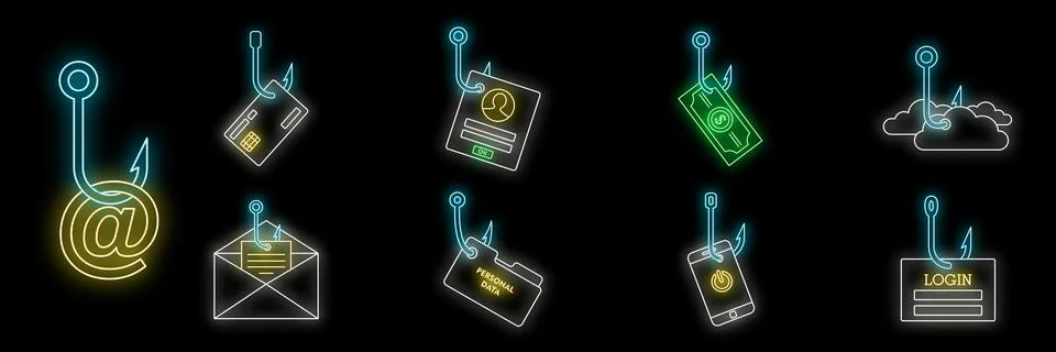 Cyber security concept with different types of phishing, neon icons set Illustrazione stock