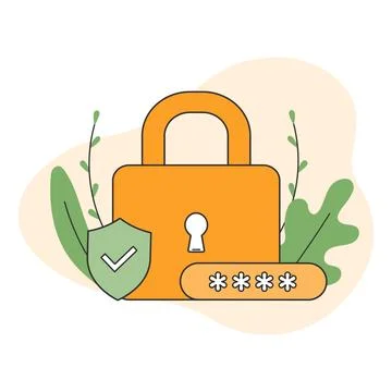 Cyber security concept. Flat padlock with password and shield. The concept of Stock Illustration
