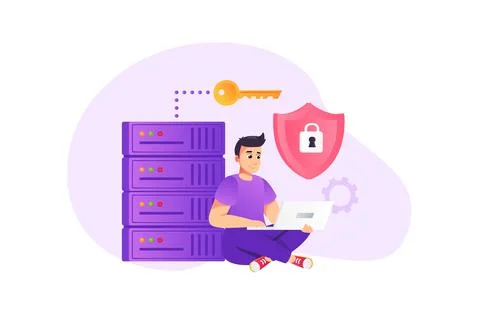 Cyber security concept in flat style with people scene. Happy man using secure Stock-Illustration
