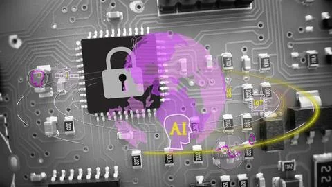 Cyber security concept, globe with tech icons on motherboard background. Stock Photos