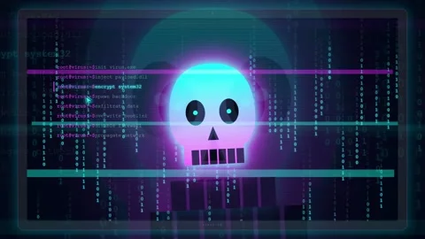 Cyber Security Concept with Glowing Neon Skull and Digital Code on Dark Screen Stock Footage 343163492