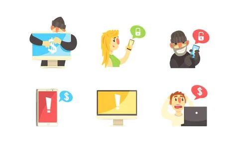 Cyber Security Concept, Hackers Robbing Computers and Smartphones Set, Criminals Stock-Illustration