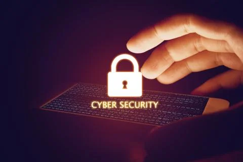 Cyber security concept, hand man protection smartphone with lock icon and v.. Stock Photos