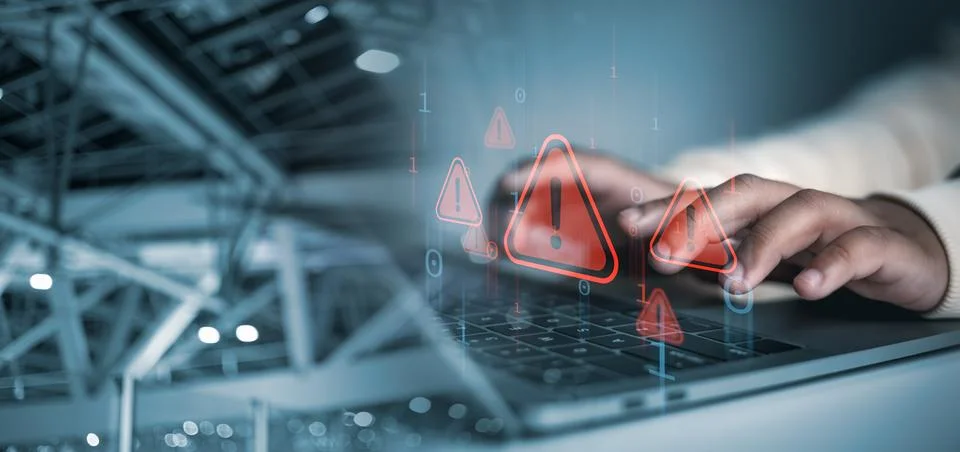 Cyber security concept, Hands typing on laptop with red cybersecurity warni.. 写真素材