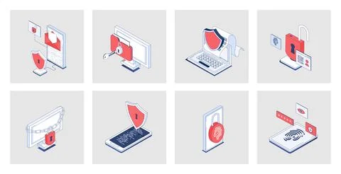 Cyber security concept of isometric icons in 3d isometry design for web. Safe 스톡 일러스트