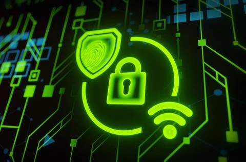 Cyber security concept. Lock symbol from lines with wifi and thumb print symb Stock Illustration