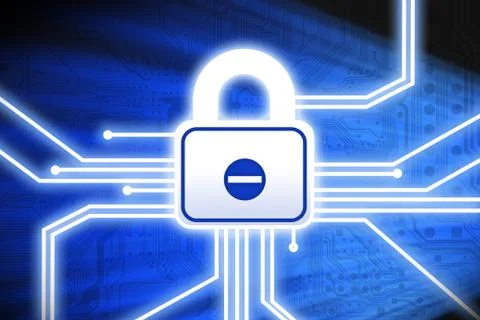 Cyber security concept with mainboard circuit and padlock on blue background 스톡 사진
