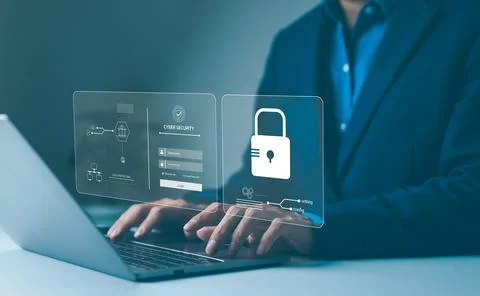 Cyber security concept. Man enter username and password for personal Foto stock