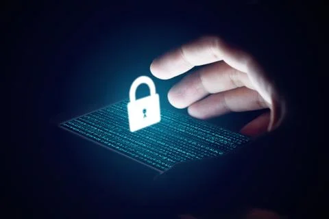 Cyber security concept, man hand protection network with lock icon and virt.. Stock Photos