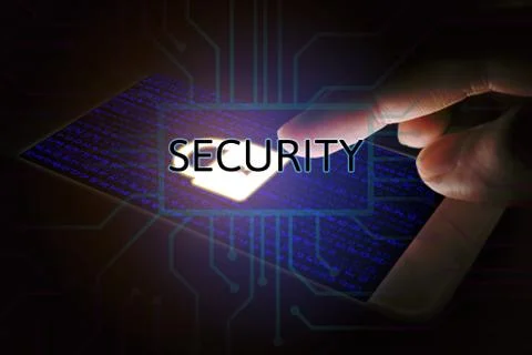 Cyber security concept, Man pointing lock icon on mobile phone. Stock Photos