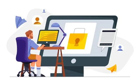 Cyber security concept. Man sitting at computer screen. Programmer and IT Stock-Illustration