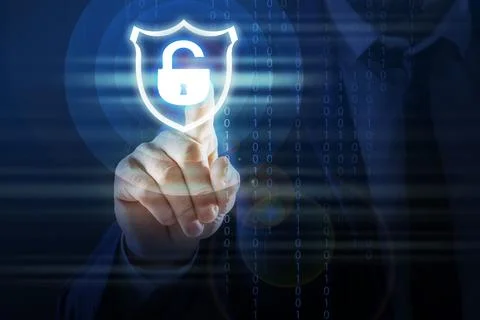 Cyber security concept. Man using virtual screen with padlock illustration, c Foto stock