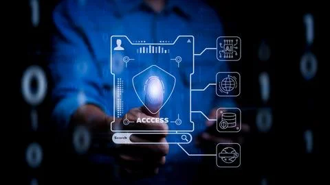 Cyber security concept. Man using thumb to scan finger print. Stock Photos