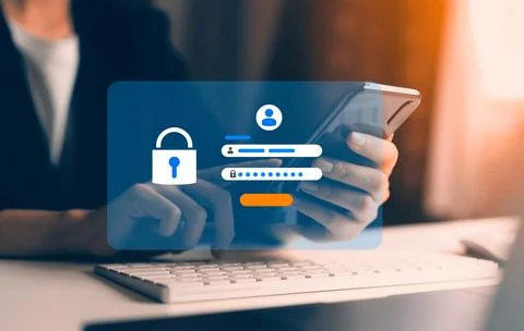 Cyber security concept, man's hand using a smartphone Log in to application.. Stock Illustration