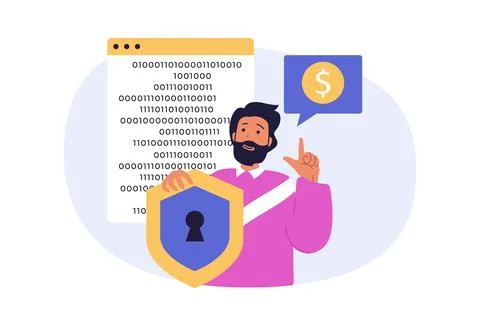 Cyber security concept in modern flat design for web. Man using protective .. Stock Illustration