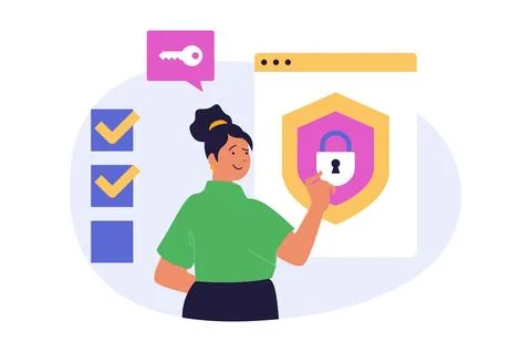 Cyber security concept in modern flat design for web. Woman using many step.. Stock Illustration