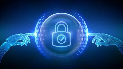Cyber security concept. Network safety. Information privacy. A robot and a hu Stockillustratie