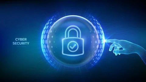 Cyber security concept. Network safety. Hand touching transparent protection  库存插图