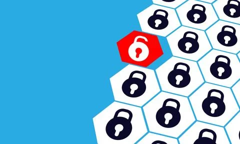 Cyber security concept with padlock and hexagon on blue background Illustrazione stock