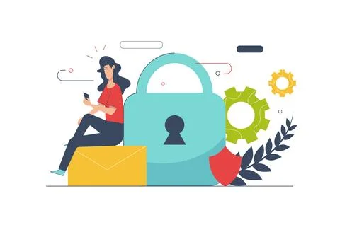 Cyber security concept with people scene in flat cartoon design. Woman using  Stock Illustration