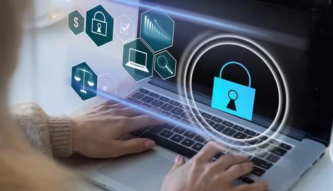 Cyber security concept, Person hand touching cyber security icon on virtual 스톡 사진