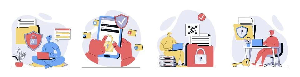 Cyber security concept set in flat design for web. Collection with people u.. Illustrazione stock