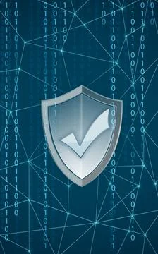 Cyber security concept. Shield with check mark illustration against binary co Stockillustratie