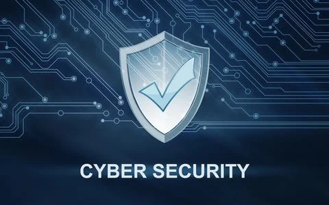 Cyber security concept. Shield with check mark illustration and text against  Stock Illustration