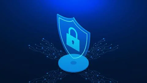 Cyber security concept with shield, padlock and electronic board isometric Stock Illustration