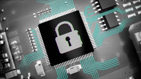 Cyber Security concept showing microchip with Glitchy padlock symbol. 3D graphic Stock Photos