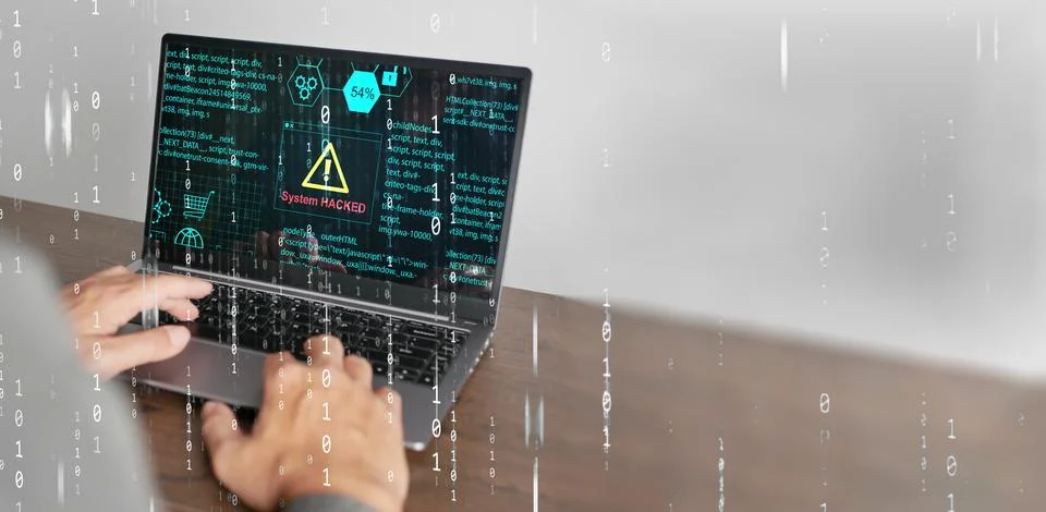 Cyber security concept. System hacked warning alerts on a computer notebook.. 스톡 사진