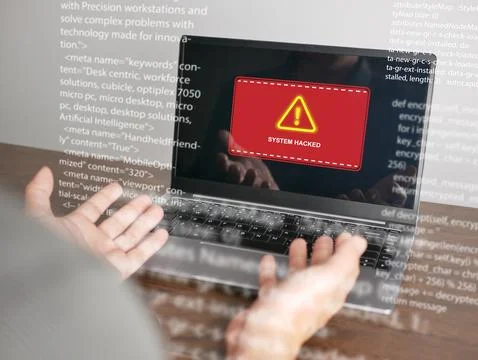 Cyber security concept. System hacked warning alerts on a computer notebook.. Stockfoto's