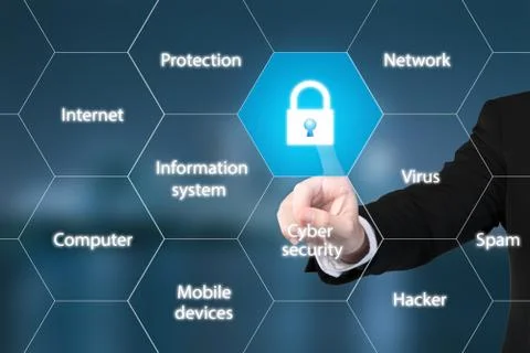 Cyber security concept on virtual screen with a consultant doing presentation Stock Photos