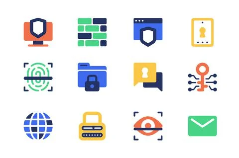 Cyber security concept of web icons set in simple flat design. Pack of shield Stock Illustration