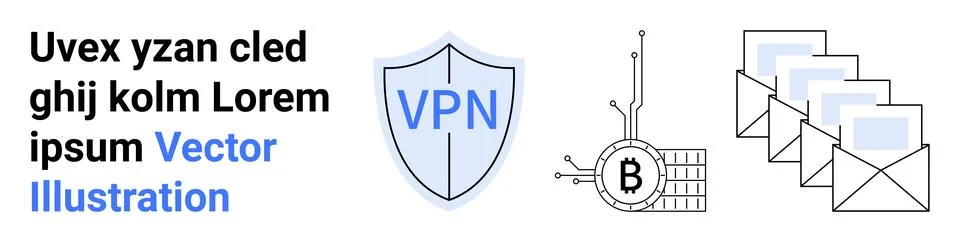 Cyber Security Concepts VPN Shield, Bitcoin Network, and Email Encryption Stock Illustration