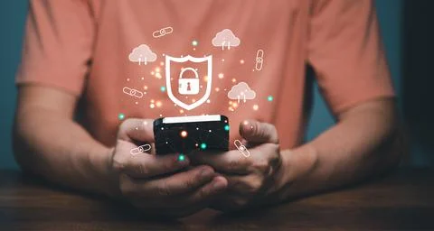 Cyber security connection shield technologies background, Human finger touchi Stock Photos