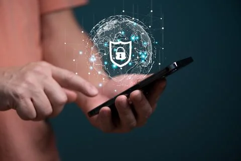 Cyber security connection shield technologies background, Human finger touchi Stock Photos