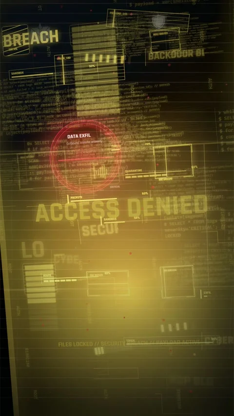 Cyber Security Data Breach HUD with Access Denied Warning Stock Footage 335564464
