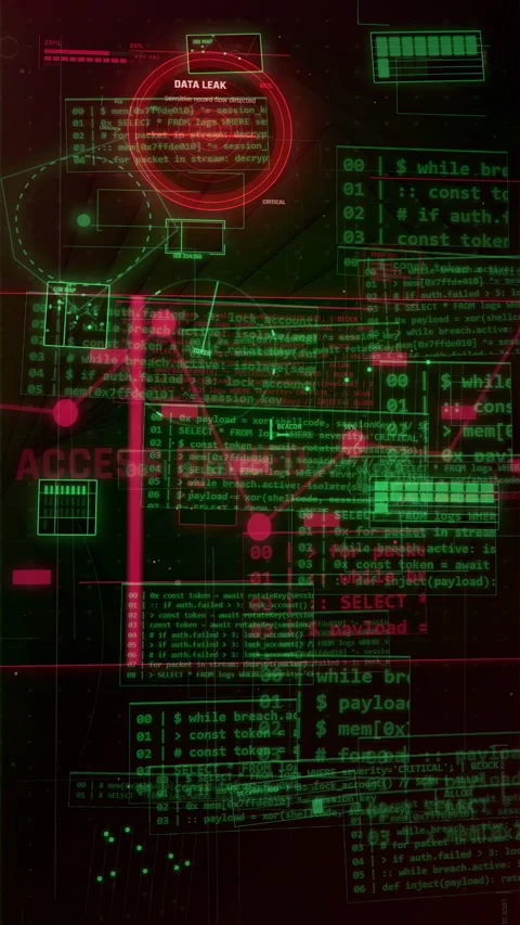 Cyber Security Data Leak Interface with Digital Code and HUD Stock-Footage 335563273