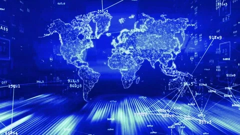 Cyber Security Data Plexus Loop Video with Animated Digital Earth Map Overla Stock Footage 343533435