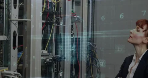 Cyber security data processing against portrait of caucasian female engineer Stock Footage 330468725