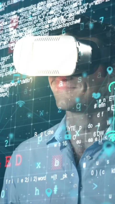 Cyber security data processing against man using VR headset Stock Footage 343498751