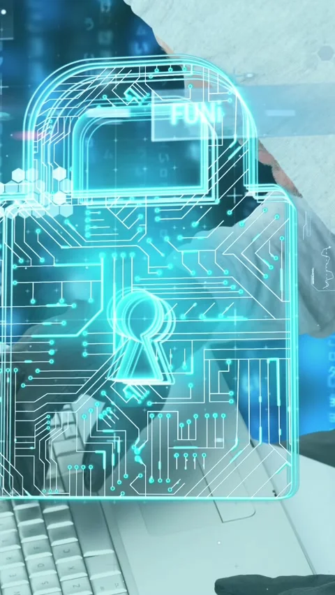 Cyber security data processing against male hacker using laptop Stock Footage 343641523