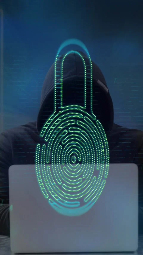 Cyber security data processing against male hacker using laptop Stock Footage 343641524