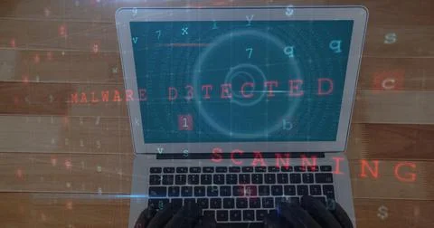 Cyber security data processing against laptop on wooden surface Stock Illustration