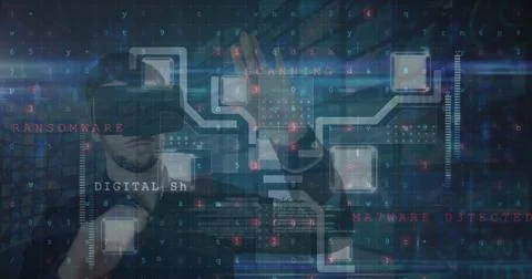 Cyber security data processing against caucasian man wearing vr headset touching 스톡 사진