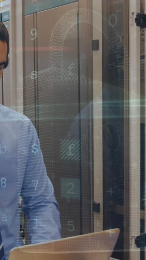 Cyber security data processing over male engineer with laptop working at server Stock Footage 322955223