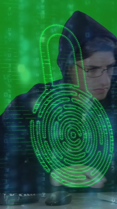 Cyber security data processing over male hacker using laptop and computer Stock Footage 323782710